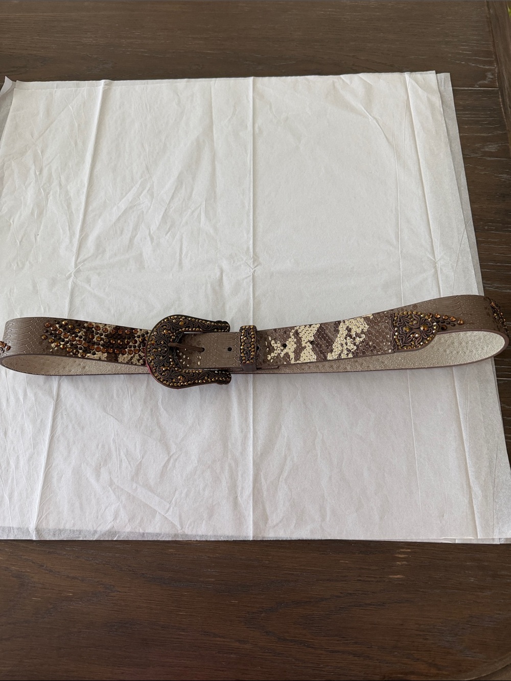 Embellished Brown Croc-Textured Western Belt with Ornate Buckle